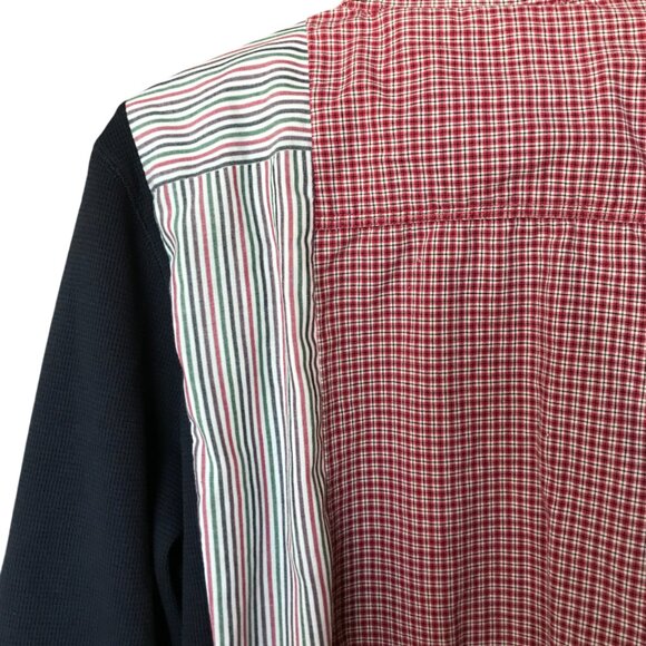 Upcycled Mixed Print Button-Down Shirt, Size M-L: Spliced Plaid & Striped Top - Picture 10 of 12